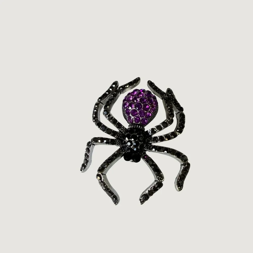 Purple and Black Rhinestone Spider Brooch Silver Tone Gothic Halloween Pin